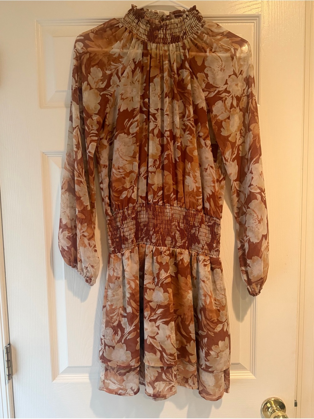 Veronica M Brown and Cream Floral Long-Sleeve Mini Dress